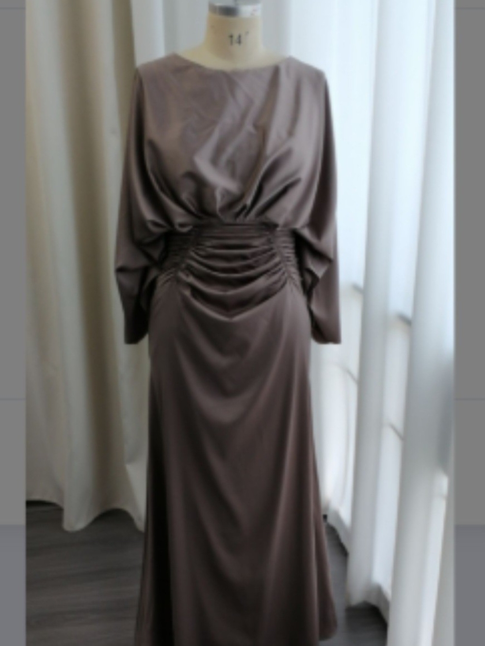 Elegant Taupe 3/4 Sleeve Ruched Waist Maxi Dress